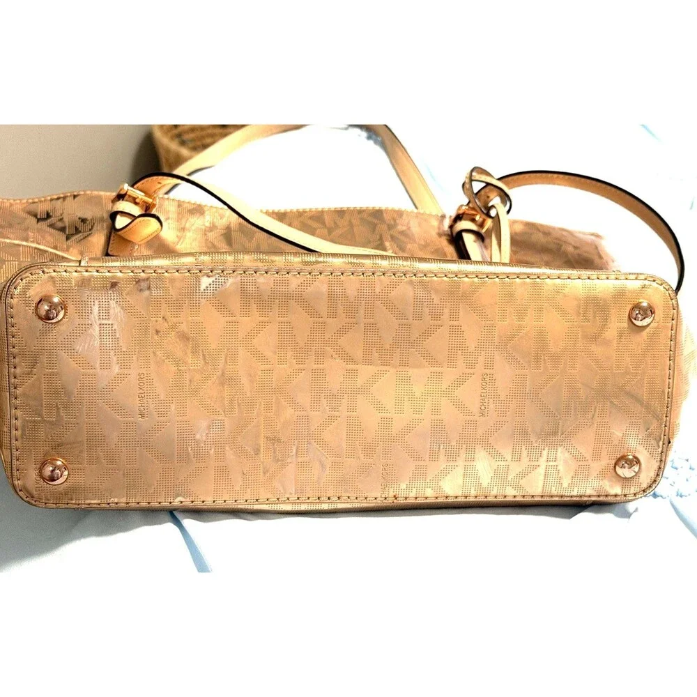 NWT Michael Kors Metallic Rose Gold MK Logo Tote Bag with Wallet $356 Jet Set